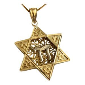 Star of David Chai Star Pendant & Midas Box Chain 14K Gold 18” Stamped OR Turkey